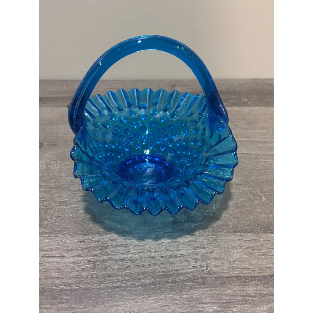 Vintage Fenton Hobnail Blue Glass Basket Ruffled Edge Crimped Candy Dish 7 inch